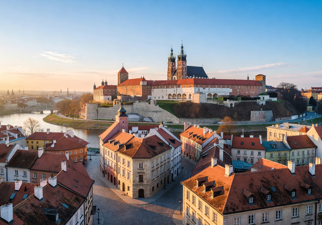Beautiful view of Wawel Castle and old town streets from Radisson Blu Krakow