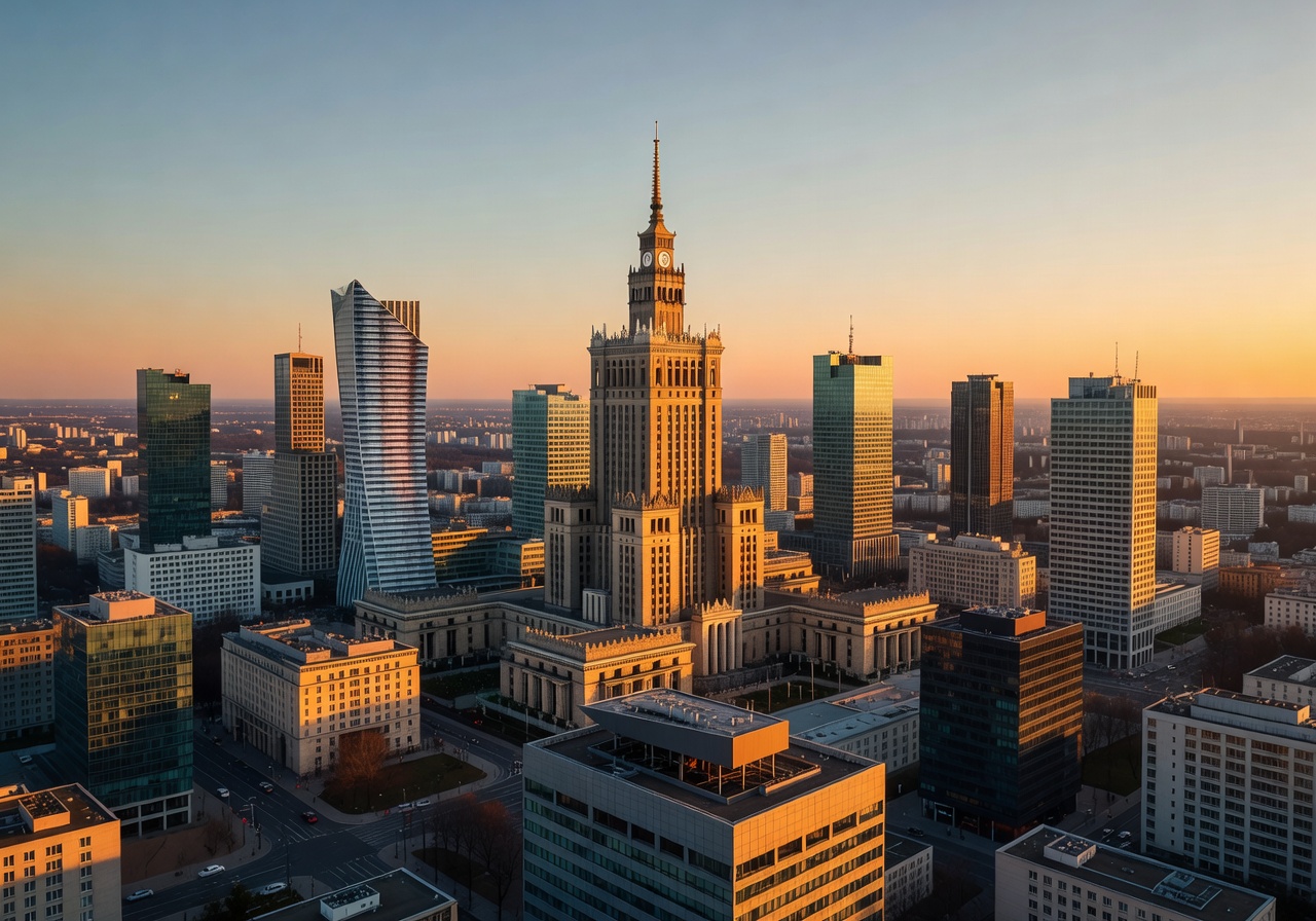 Breathtaking night skyline of Warsaw, Poland showing illuminated skyscrapers