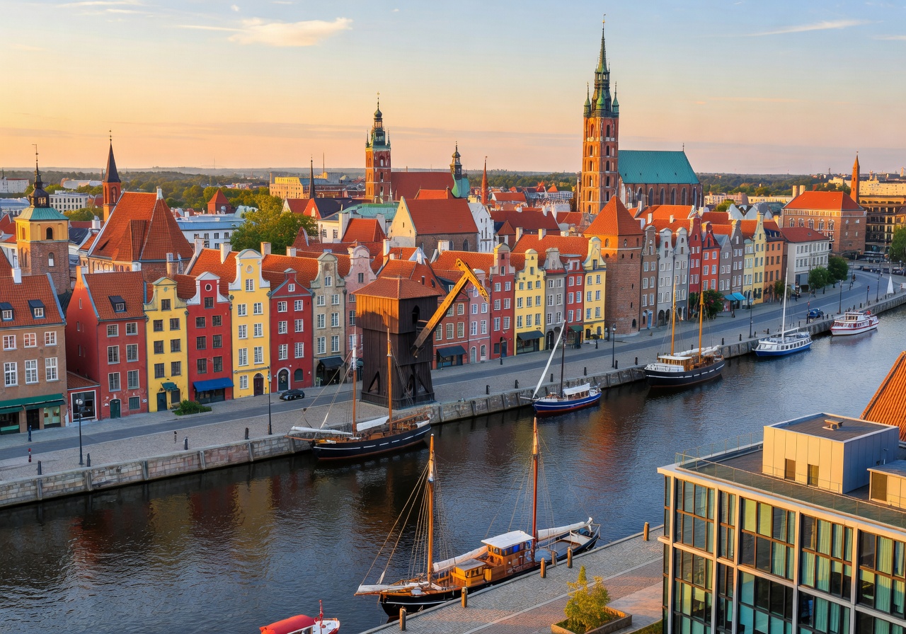 Scenic view of the Motlawa River and historic Gdansk from Hilton Gdansk